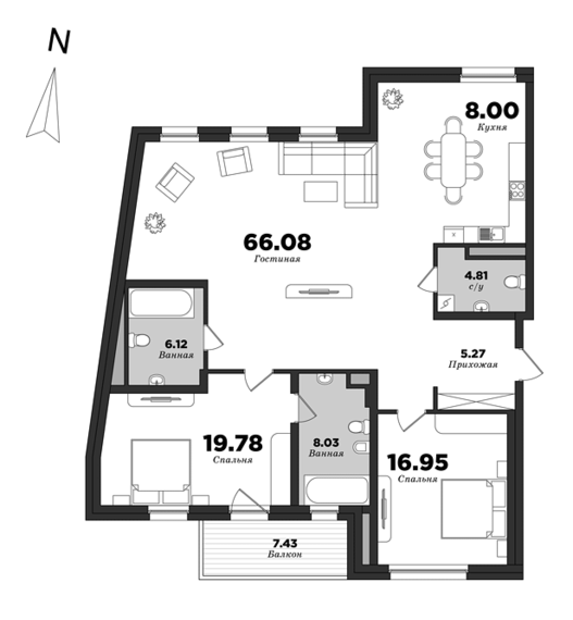 Приоритет, Корпус 1, 2 спальни, 137.27 м² | планировка элитных квартир Санкт-Петербурга | М16